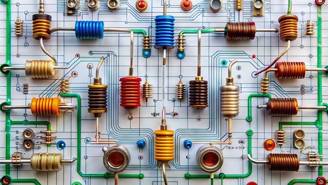 Electrical circuit diagram illustrating series and parallel connections of resistors, capacitors, and inductors,