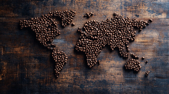 Coffee beans arranged in the shape of a world map for International Coffee Day celebration