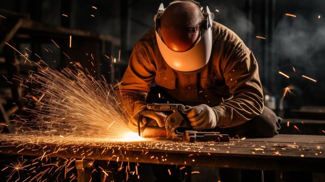 A man hammering a nail  symbolism of threats, dangers, and power with sparks flying