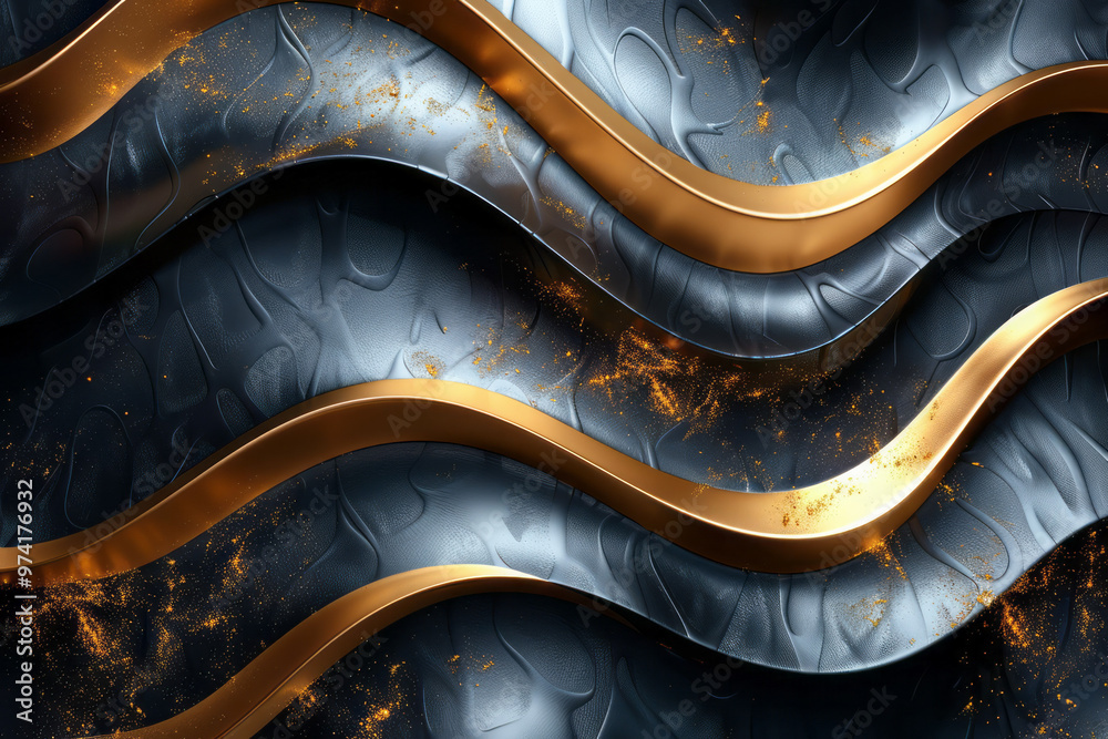 Poster a pattern of swirling golden lines intersecting with bold black rectangles,