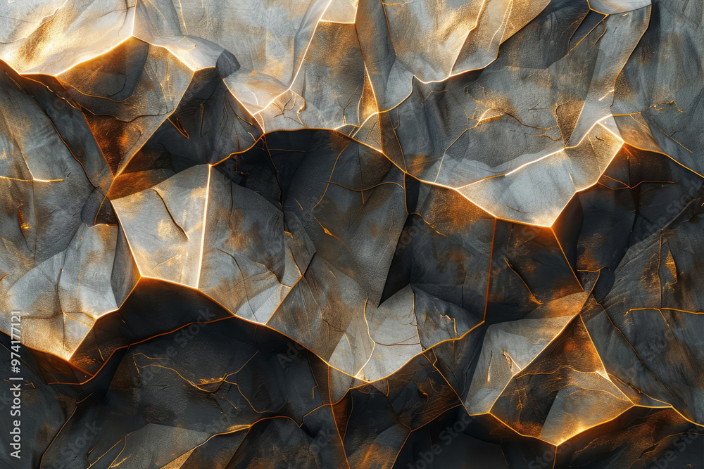 Aufkleber an abstract background with overlapping gold and black geometric polygons, accented by soft shadows,