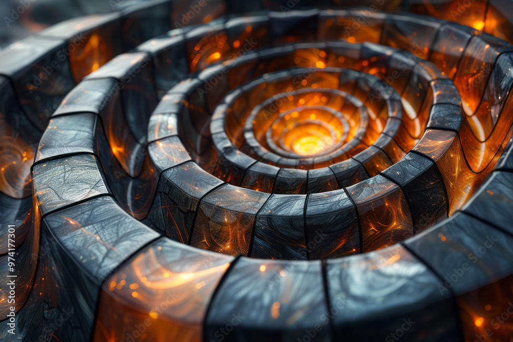 Poster A composition of golden spirals and black squares intertwined, creating an abstract vortex,