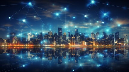 Blurry network interface with arrows indicating connectivity over new york city skyline concept