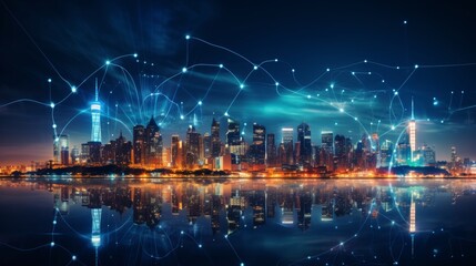 Blurry network interface with arrows over new york skyline depicting smart city connectivity