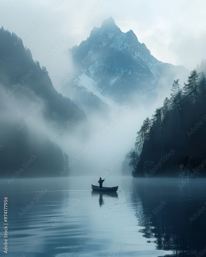 Poster a mist-covered lake with a fisherman standing in a small rowboat, casting a line into the still wate