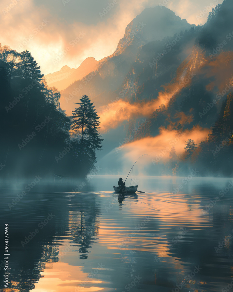 Poster a mist-covered lake with a fisherman standing in a small rowboat, casting a line into the still wate