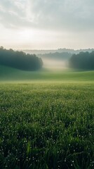 Serene Foggy Morning in Dewy Field with Soft Sunlight Peeking Through Mist