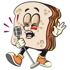 sandwich bread cartoon character mascot retro vector design  sing earnestly with maximum style, work of hand drawn