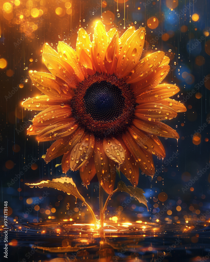 Poster splashes of bright yellow, orange, and red paint exploding into the shape of a sunflower on a dark b
