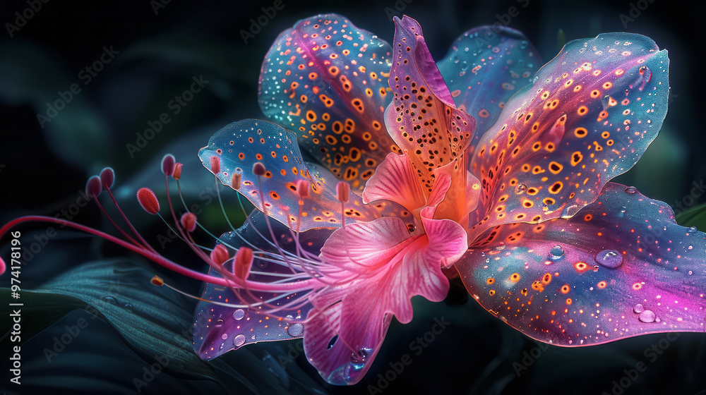 Poster a dynamic burst of neon paints splashing into the form of an exotic orchid flower on a black backgro