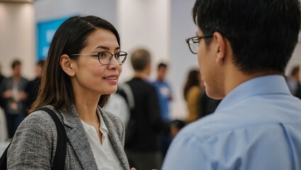 Participants discuss and interact with various displayed products while networking in the conference's product