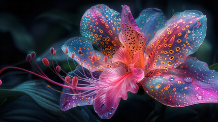 A dynamic burst of neon paints splashing into the form of an exotic orchid flower on a black background,