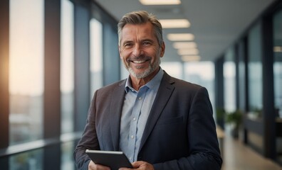 Portrait of happy 50 years old business man executive standing in office using digital tablet. Middle aged businessman manager business owner working on professional finances project looking at camera