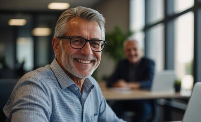 Portrait of happy 50 years old business man executive standing in office using digital tablet. Middle aged businessman manager business owner working on professional finances project looking at camera