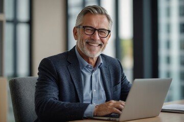 Portrait of happy 50 years old business man executive standing in office using digital tablet. Middle aged businessman manager business owner working on professional finances project looking at camera