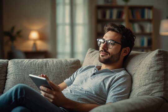 Reading, relax and tablet with man on sofa in living room of home for break, comfort or weekend time off. Ebook, glasses and technology with person chilling in apartment for peace, leisure or rest