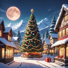 Obraz premium A boy and girl in a festive winter evening in a charming village with holiday lights and snow under a full moon.