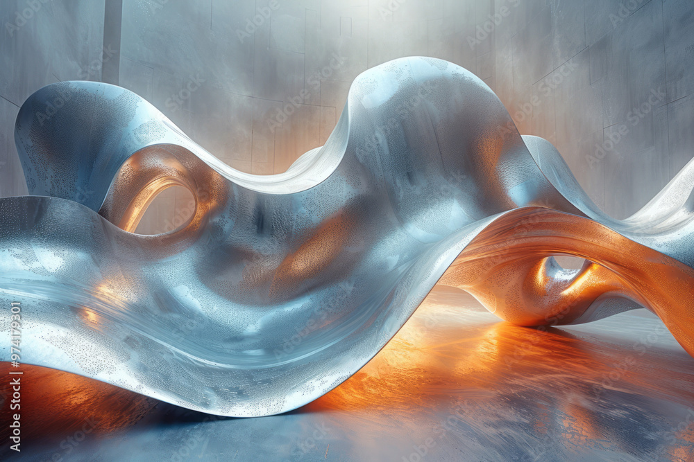 Poster a twisted, ribbon-like 3d structure with metallic textures, softly lit from above,