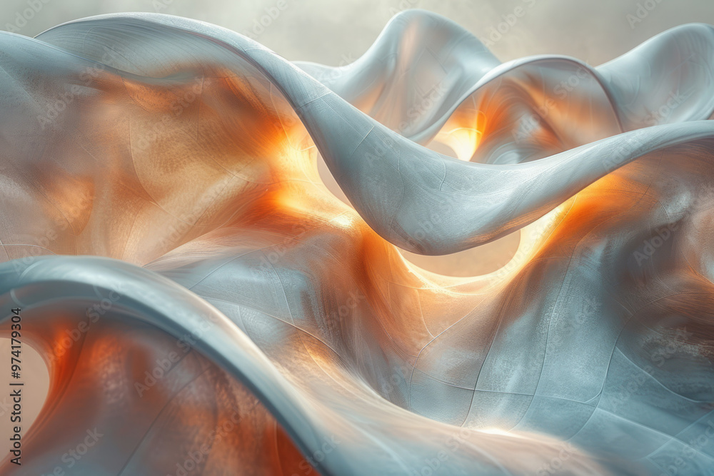 Poster a twisted, ribbon-like 3d structure with metallic textures, softly lit from above,