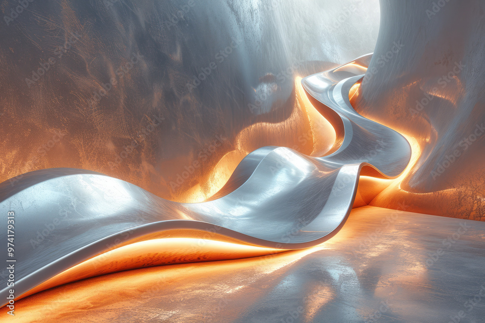 Aufkleber a twisted, ribbon-like 3d structure with metallic textures, softly lit from above,