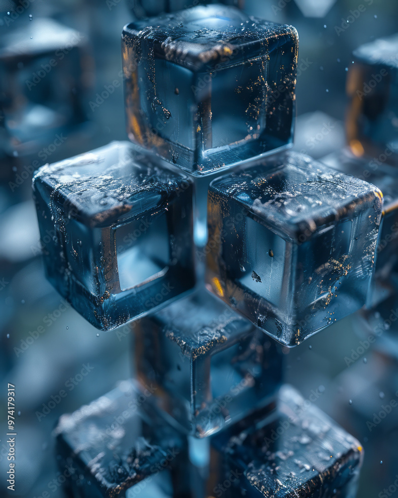 Aufkleber an abstract geometric 3d shape composed of interlocking cubes and spheres, bathed in soft, diffused 