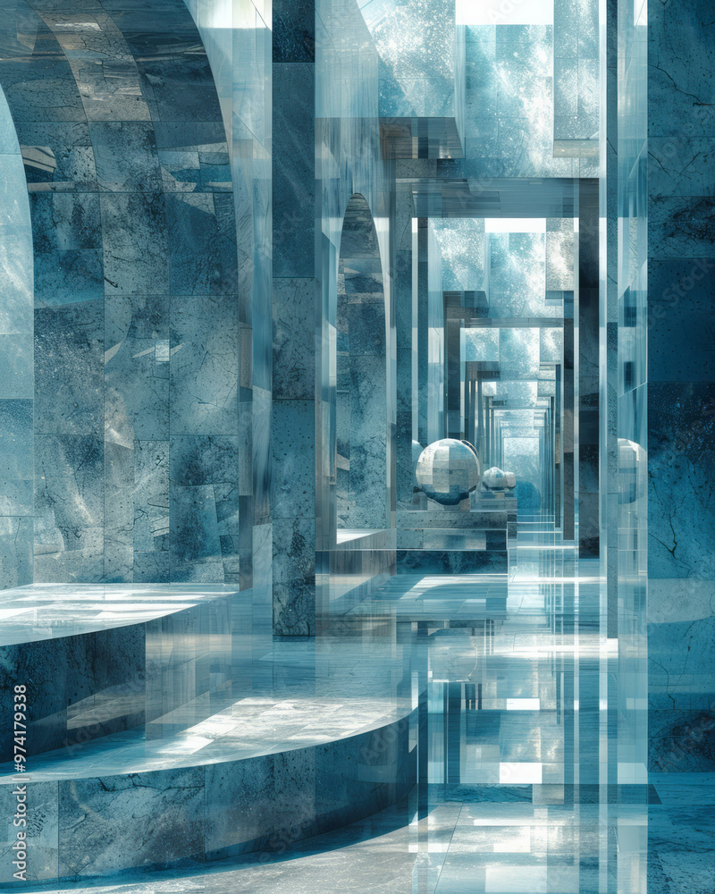 Poster An abstract geometric 3D shape composed of interlocking cubes and spheres, bathed in soft, diffused light,