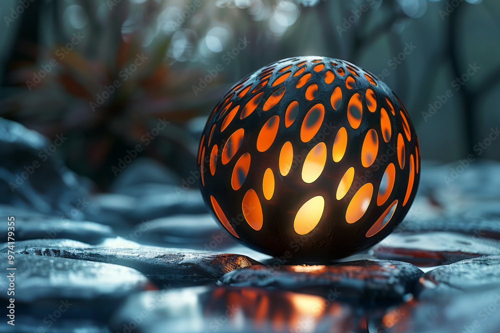 Fototapete a spherical 3d element with intricate patterns, softly glowing from within,