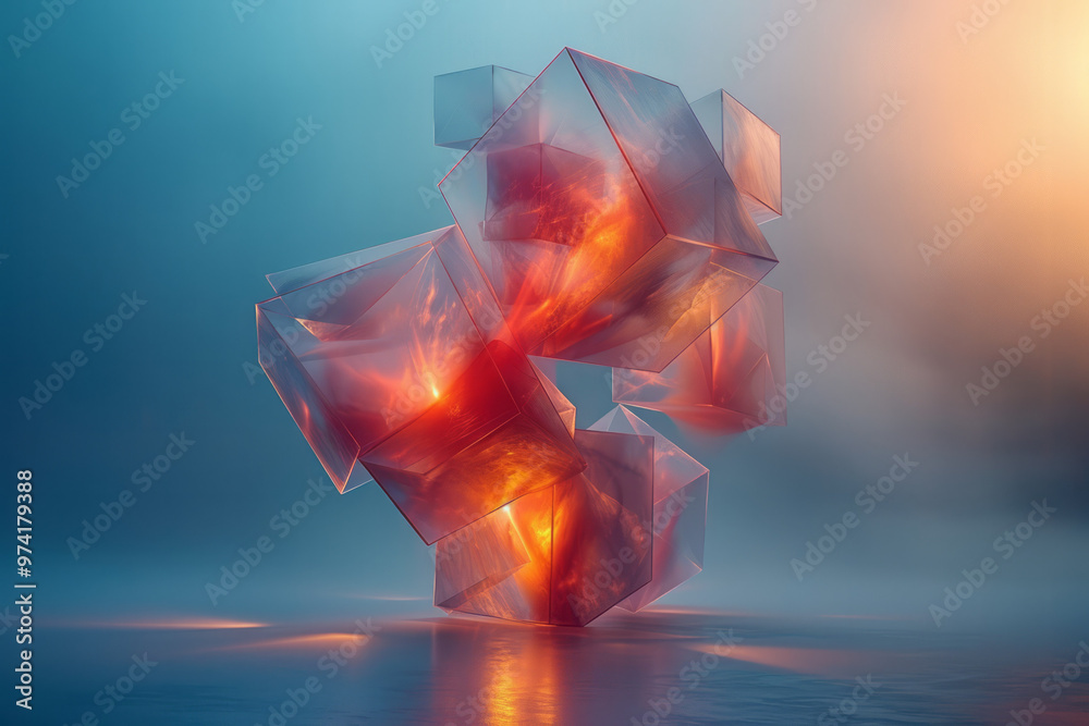 Aufkleber A 3D floating cluster of abstract geometric shapes softly illuminated by gentle, ambient lighting,