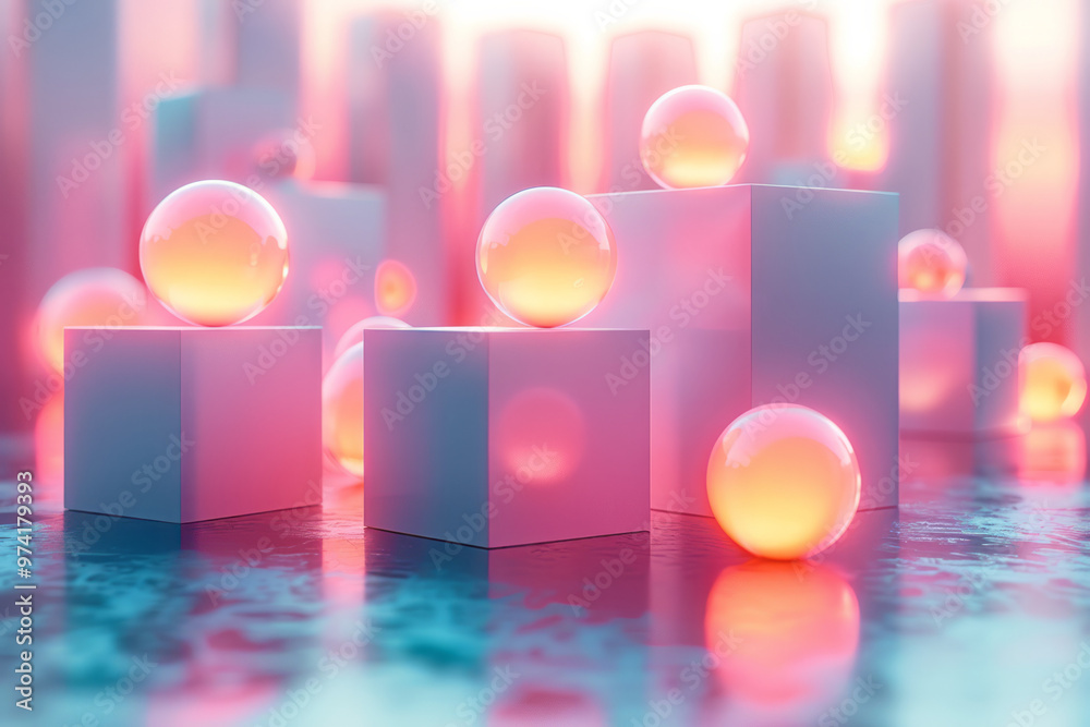 Aufkleber a 3d floating cluster of abstract geometric shapes softly illuminated by gentle, ambient lighting,