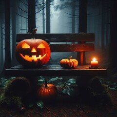halloween pumpkin and candle on a bench at dark foggy forest background
