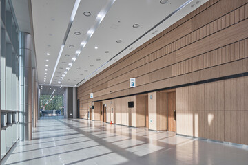Minimal Lobby with Wood Wall Panels and Soft Sunlight, Modern Interior