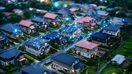 A tech-driven residential area where blockchain secures homes, and IoT devices provide seamless integration of smart home technologies