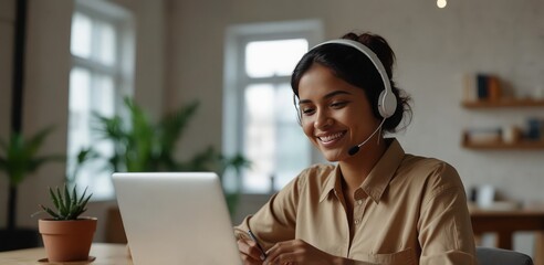 Smiling Indian female employee in wireless earphones make notes watching webinar on laptop, happy young ethnic woman worker in headset talk on video call brainstorm with colleagues online