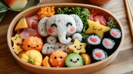 A bento box designed for kids with a cute bear-shaped rice ball, heart-shaped carrots, and tiny broccoli trees, all laid out in a playful and appealing way.