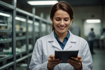 Obraz premium Smiling woman in lab coat uses tablet. This photo illustrates food safety and quality control in a production facility