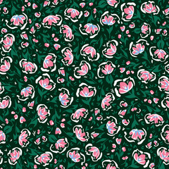 Hand drawn stylized flowers with leaves seamless repeat pattern. Random placed, vector botany aop, all over print on dark background.