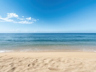 An empty beach scene with a calm sea and open sky offers a serene natural backdrop. 