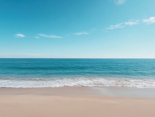 An empty beach scene with a calm sea and open sky offers a serene natural backdrop. 