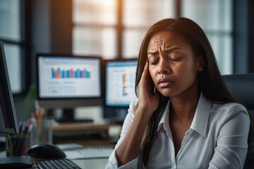 Stress, business and black woman with headache in office for administration, burnout and brain fog of project. Tired, worker and computer with eye strain, migraine and anxiety of deadline pressure