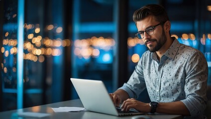 Fototapeta premium successful handsome man software expert wear shirt work with server pc system netbook indoors 