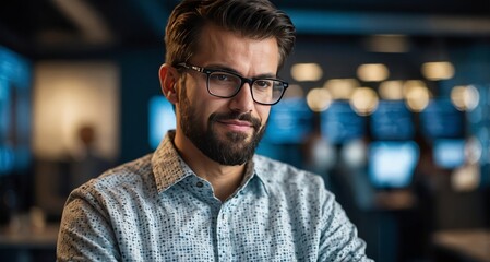 Obraz premium successful handsome man software expert wear shirt work with server pc system netbook indoors 