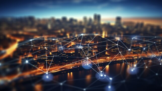 Blurry network interface with arrows over new york city skyline for smart city concept