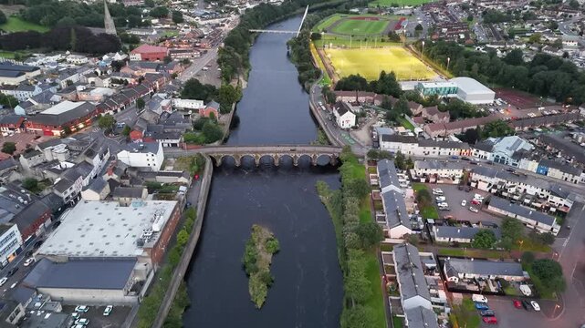 Aerial view of the bridge over the Mourne River in Strabane in Northern Ireland