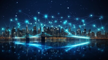 Blurry network interface with arrows over new york city skyline   smart city connectivity concept