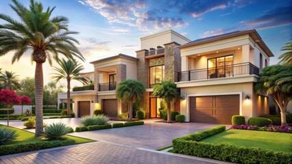 Fototapeta premium Luxurious villa compound in a gated community with modern amenities and lush landscaping