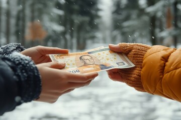 Hands exchanging money in a snowy outdoor setting, highlighting themes of transaction, trust, and exchange.