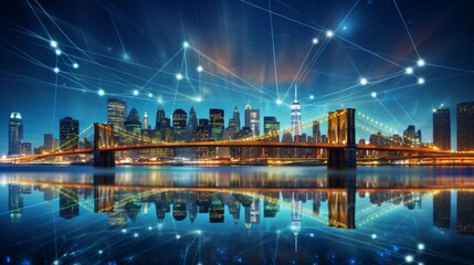 Blurry network interface with arrows over new york city skyline for smart city connectivity