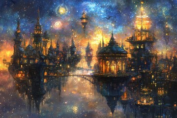 Fantasy city at night with colorful lights, bridges, and towers reflecting in the water