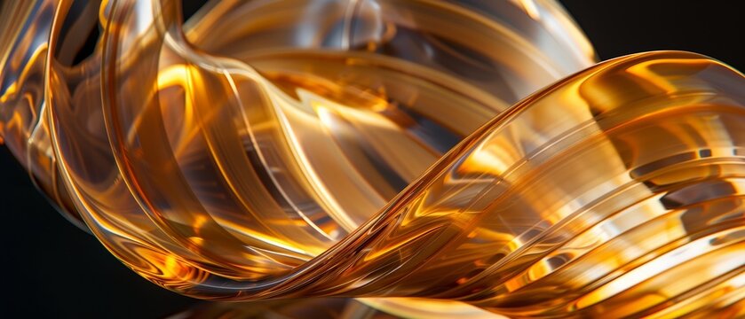 Wave of golden shiny glass. Colorful motion of light materialized in acrylic, epoxy, resin forming beautiful luminescence with light refraction. Artistic, business, research background.