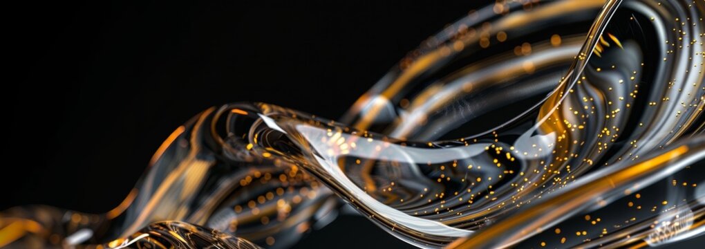Wave of golden shiny glass. Colorful motion of light materialized in acrylic, epoxy, resin forming beautiful luminescence with light refraction. Artistic, business, research background, black backdrop